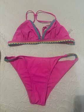 Bright Pink Triangle Bikini Set with Multicolor Trim